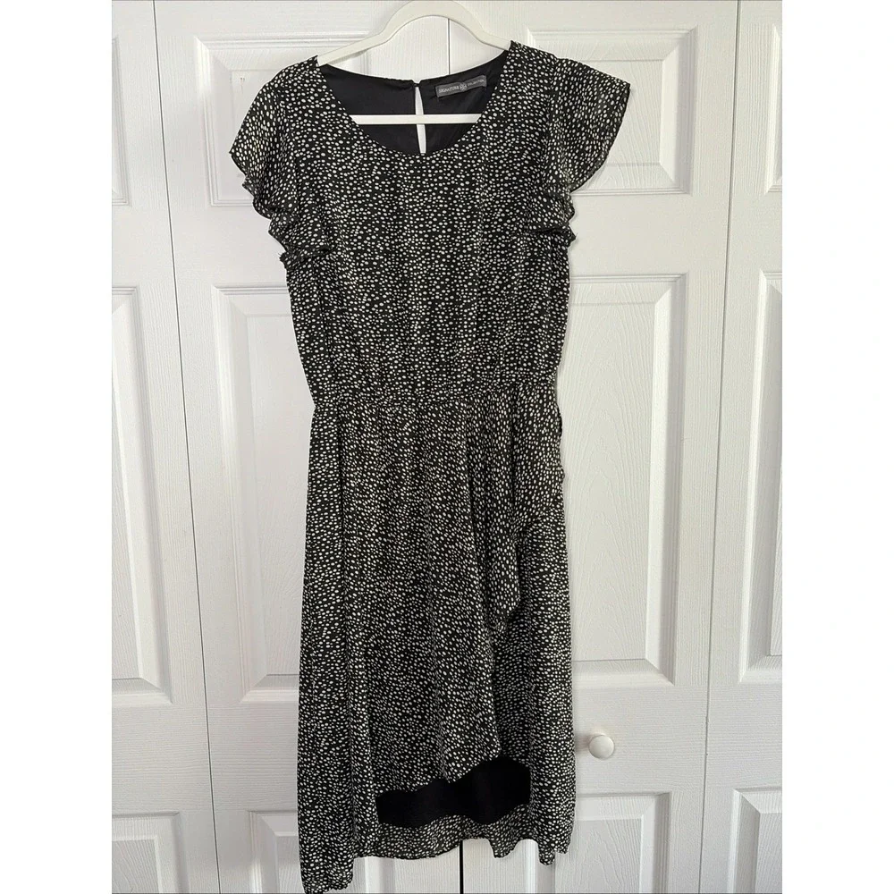 Signature Collection Polka Dot Ruffle Midi Dress Womens Size M 10-12 Black White